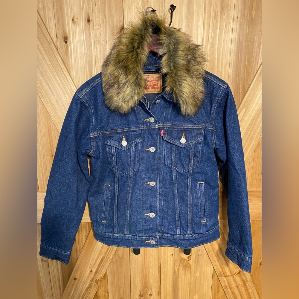 Levi’s Ex-boyfriend Trucker Denim Jacket Faux Fur Collar Dark Blue Small Women’s